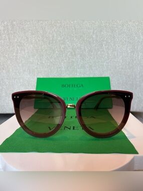 Bottega Veneta Burgundy Frame Sunglasses with Green Lenses and Gold Accents